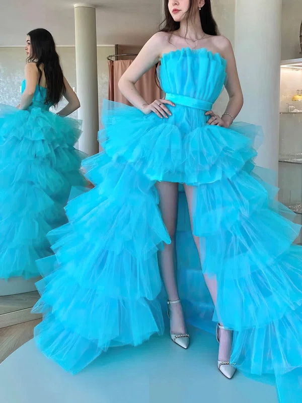 A-line Strapless Tulle Asymmetrical Prom Dresses With Tiered #Milly020113629