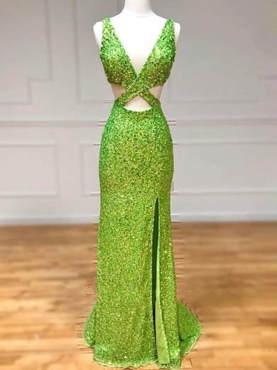 Sheath/Column V-neck Sequined Sweep Train Prom Dresses With Split Front #Milly020113630