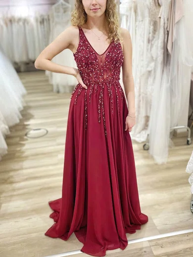 A-line V-neck Chiffon Sweep Train Prom Dresses With Beading #Milly020113633