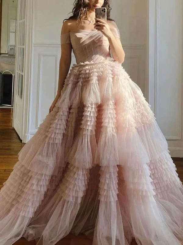 Ball Gown Off-the-shoulder Tulle Sweep Train Prom Dresses With Tiered #Milly020113635