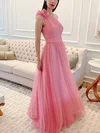 A-line One Shoulder Tulle Floor-length Prom Dresses With Sashes / Ribbons #Milly020113636
