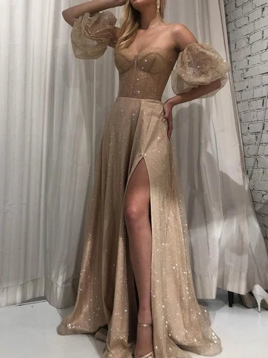 A-line Strapless Floor-length Glitter Prom Dresses With Puff Sleeve #Milly020113637