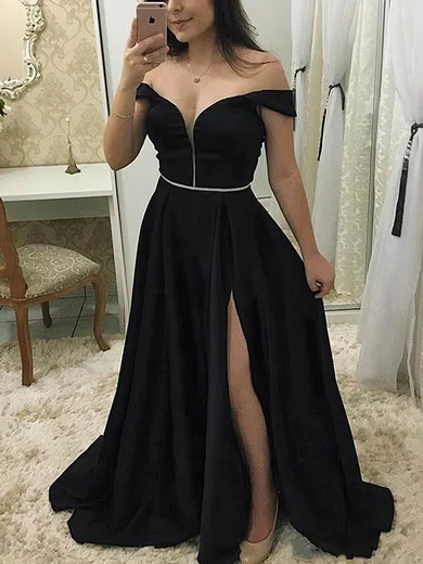 A-line Off-the-shoulder Satin Sweep Train Prom Dresses With Sashes / Ribbons #Milly020113639