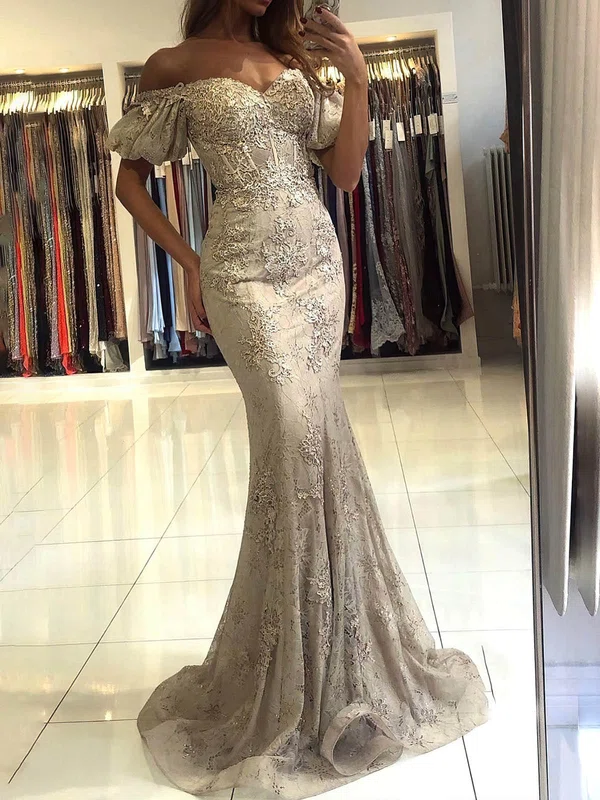 Trumpet/Mermaid Off-the-shoulder Lace Sweep Train Prom Dresses With Appliques Lace #Milly020113642