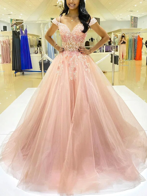 Ball Gown Off-the-shoulder Tulle Floor-length Prom Dresses With Appliques Lace #Milly020113643