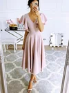 A-line V-neck Silk-like Satin Tea-length Prom Dresses #Milly020113647