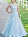 Princess Scoop Neck Lace Floor-length Prom Dresses With Beading #Milly020113648
