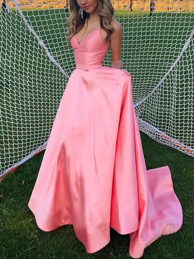 A-line V-neck Satin Sweep Train Prom Dresses With Pockets #Milly020113654