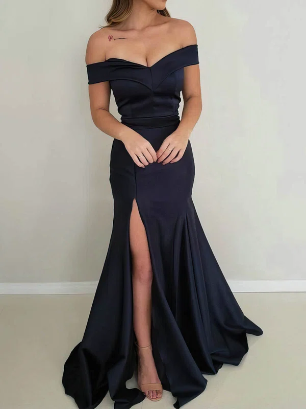 Trumpet/Mermaid Off-the-shoulder Satin Floor-length Prom Dresses With Split Front #Milly020113675
