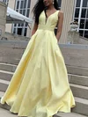 A-line V-neck Satin Sweep Train Prom Dresses With Pockets #Milly020113681