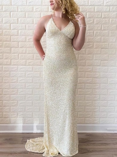 Sheath/Column V-neck Sequined Sweep Train Prom Dresses #Milly020113688