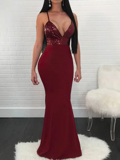 Sheath/Column V-neck Stretch Crepe Sequined Floor-length Prom Dresses #Milly020113692