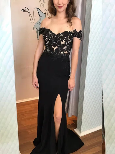 Sheath/Column Off-the-shoulder Stretch Crepe Sweep Train Prom Dresses With Appliques Lace #Milly020113695