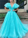 Princess V-neck Organza Sweep Train Prom Dresses With Ruffles #Milly020113696