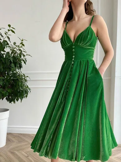 A-line V-neck Velvet Prom Dresses With Ruched #Milly020113704