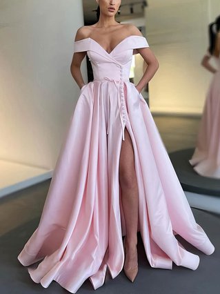 A-line Off-the-shoulder Satin Floor-length Ruffles Prom Dresses ...