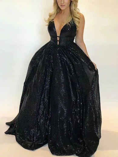 Black Ball Gown V-neck Floor-length Glitter Prom Dresses #Milly020113712
