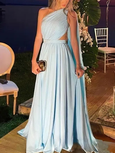A-line One Shoulder Chiffon Floor-length Prom Dresses With Ruffles #Milly020113714