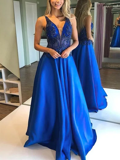 A-line V-neck Satin Floor-length Prom Dresses With Beading #Milly020113715