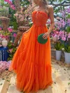 A-line Strapless Tulle Floor-length Prom Dresses With Flower(s) #Milly020113717