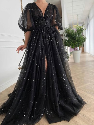 Black Ball Gown V-neck Tulle Prom Dresses With Puff Sleeve #Milly020113719
