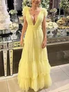 A-line V-neck Tulle Floor-length Prom Dresses With Sashes / Ribbons #Milly020113723