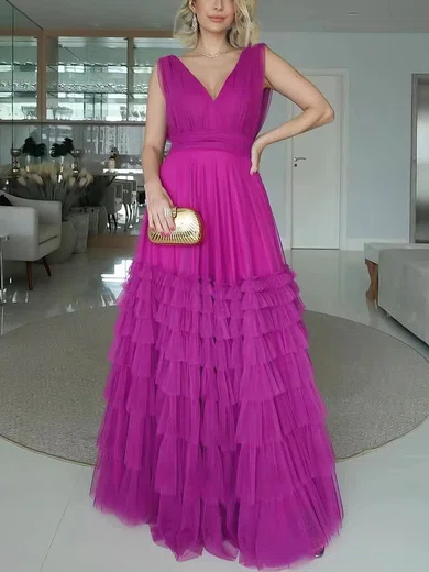 Princess V-neck Tulle Tiered Prom Dresses #Milly020113728
