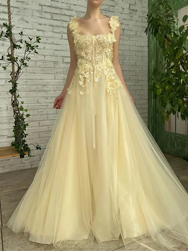 A-line Square Neckline Tulle Floor-length Prom Dresses With Sashes / Ribbons #Milly020113733