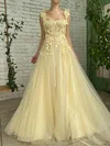 A-line Square Neckline Tulle Floor-length Prom Dresses With Sashes / Ribbons #Milly020113733