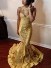 Trumpet/Mermaid Scoop Neck Jersey Sweep Train Prom Dresses With Appliques Lace #Milly020113736