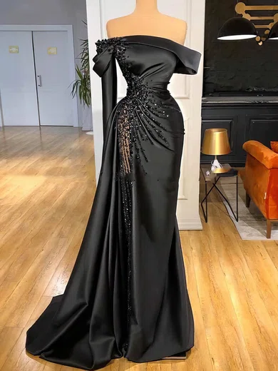 Sheath/Column Off-the-shoulder Satin Prom Dresses With Beading #Milly020113741