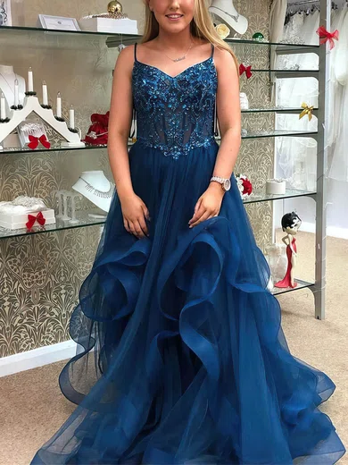 A-line V-neck Tulle Sweep Train Prom Dresses With Beading #Milly020113746