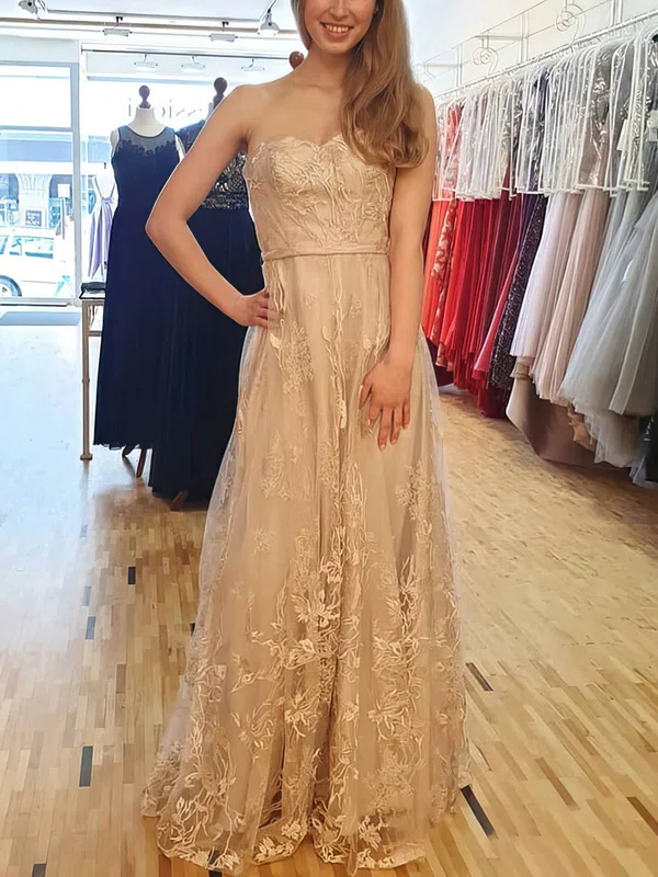 A-line Sweetheart Lace Floor-length Prom Dresses With Sashes / Ribbons #Milly020113747