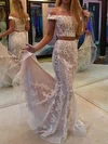 Trumpet/Mermaid Off-the-shoulder Glitter Sweep Train Prom Dresses With Appliques Lace #Milly020113749