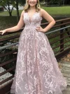 A-line V-neck Lace Floor-length Prom Dresses With Pearl Detailing #Milly020113751