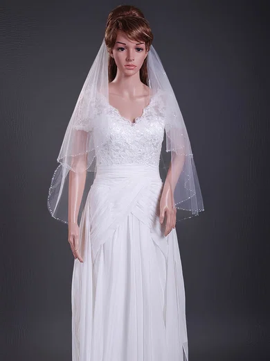 Nice Two-tier Elbow Wedding Veils with Beaded Edge #1430080