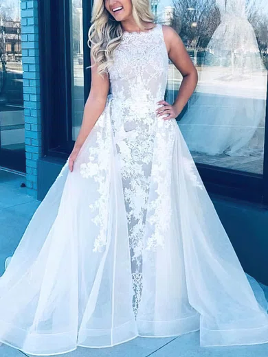 Princess Scalloped Neck Tulle Lace Detachable Prom Dresses With Appliques Lace #Milly020113753