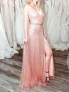 A-line V-neck Glitter Floor-length Prom Dresses With Sashes / Ribbons #Milly020113754