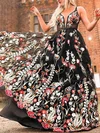A-line V-neck Tulle Floor-length Prom Dresses With Flower(s) #Milly020113756