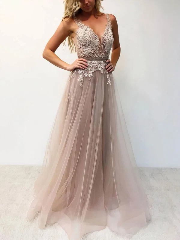 A-line V-neck Tulle Floor-length Prom Dresses With Beading #Milly020113758