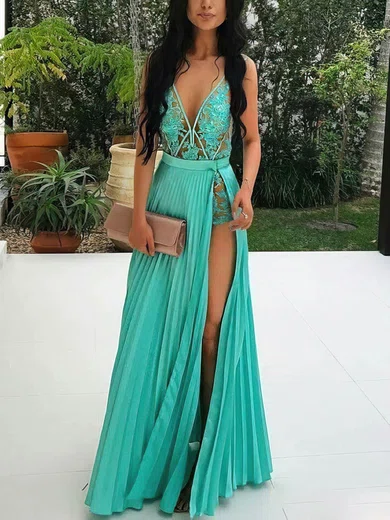 A-line V-neck Chiffon Floor-length Prom Dresses With Appliques Lace #Milly020113767