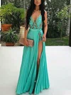 A-line V-neck Chiffon Floor-length Prom Dresses With Appliques Lace #Milly020113767
