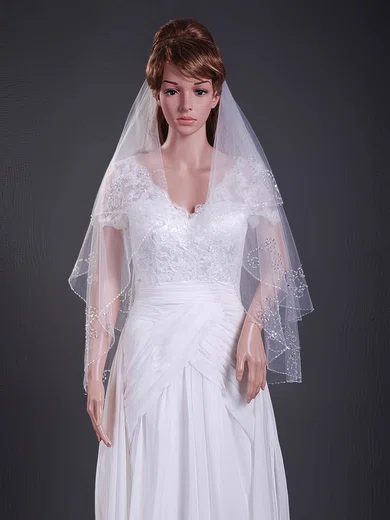 Modern Two-tier Elbow Wedding Veils with Beaded Edge #1430082
