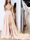 A-line V-neck Chiffon Tulle Sweep Train Prom Dresses With Split Front #Milly020113773