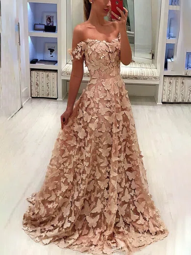 Ball Gown/Princess Off-the-shoulder Tulle Sweep Train Prom Dresses With Appliques Lace #Milly020113775