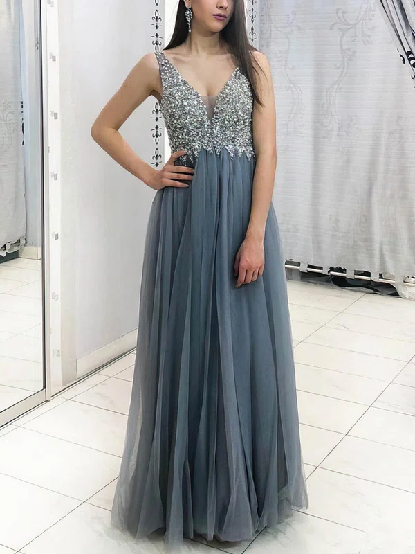 A-line V-neck Tulle Floor-length Prom Dresses With Beading #Milly020113784