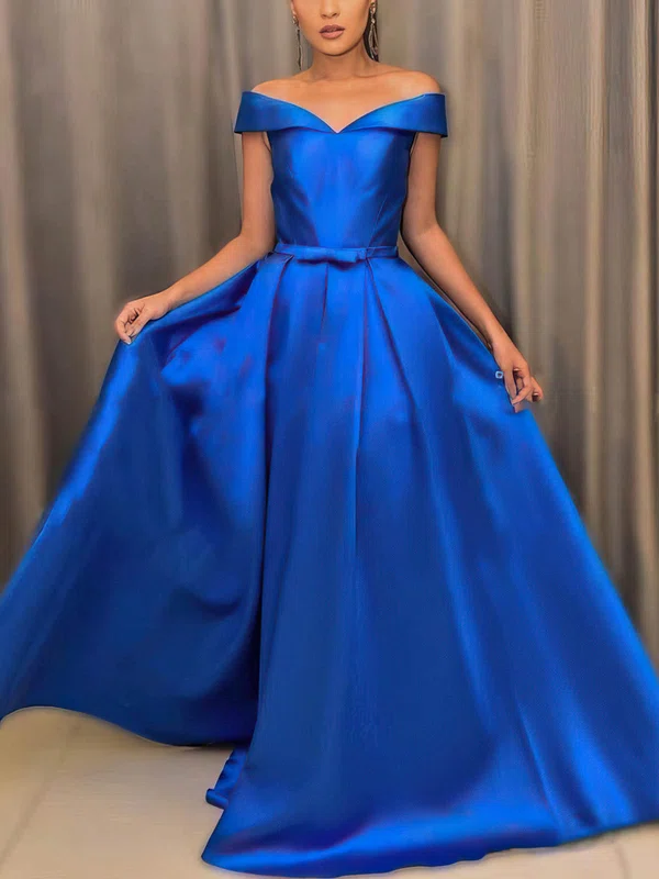 A-line Off-the-shoulder Satin Sweep Train Prom Dresses With Sashes / Ribbons #Milly020113794