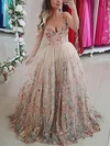 Princess V-neck Lace Sweep Train Prom Dresses With Sashes / Ribbons #Milly020113798