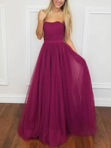 A-line Strapless Tulle Floor-length Prom Dresses With Sashes / Ribbons #Milly020113800