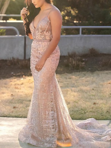 Trumpet/Mermaid V-neck Glitter Sweep Train Prom Dresses With Sashes / Ribbons #Milly020113802
